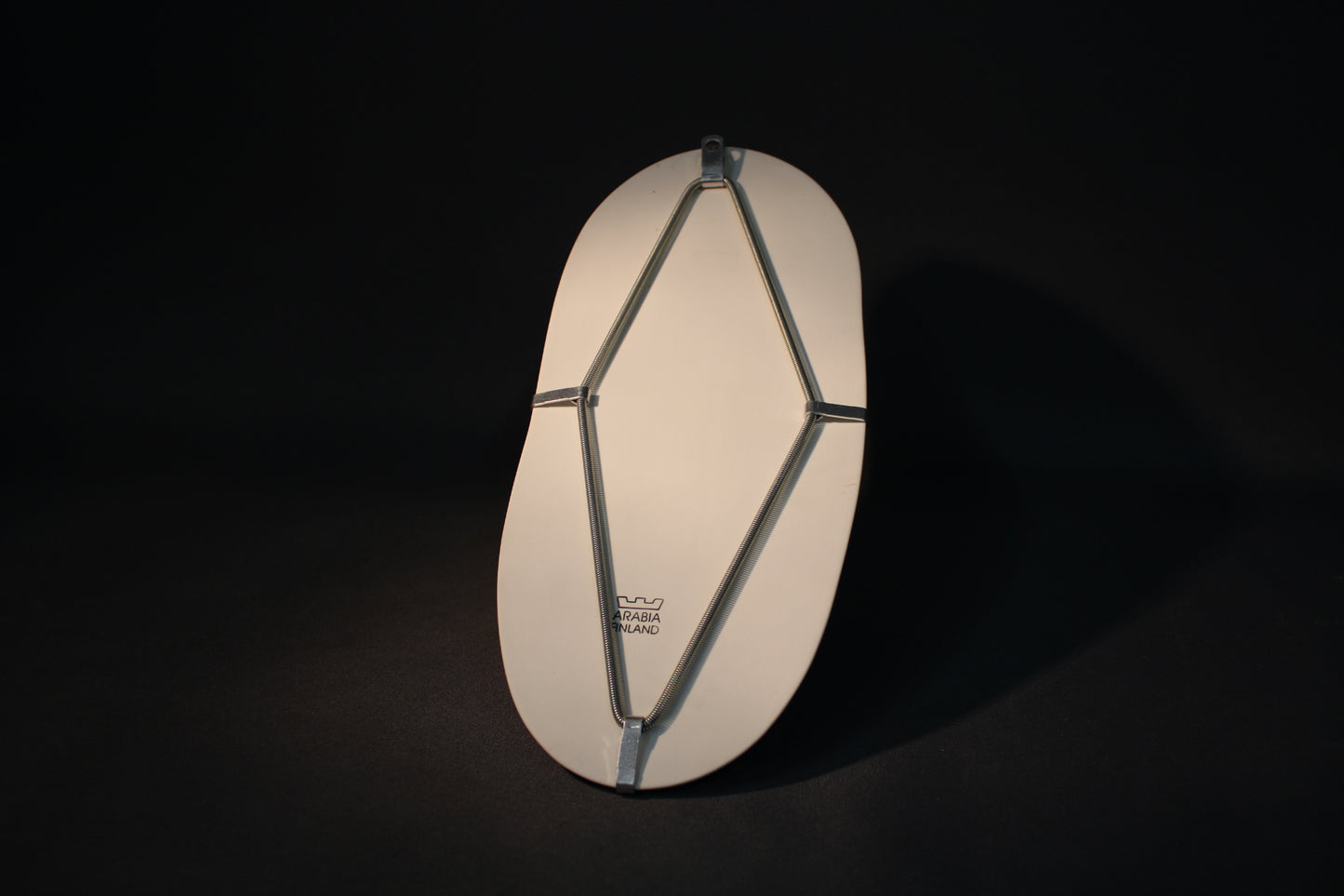 Arabian Iloksi ihmisille -seinälaatan takapuoli, metallinen ripustus ja Arabia Finland -leima