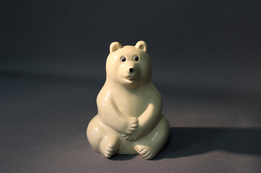 Nordea karhupankki, beige muovinen vintage-säästölipas istuvan karhun muodossa