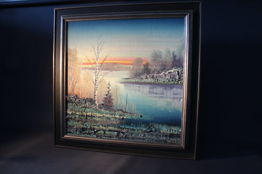 Signeerattu maisemamaalaus “HWS” – öljy kankaalle puukehyksin