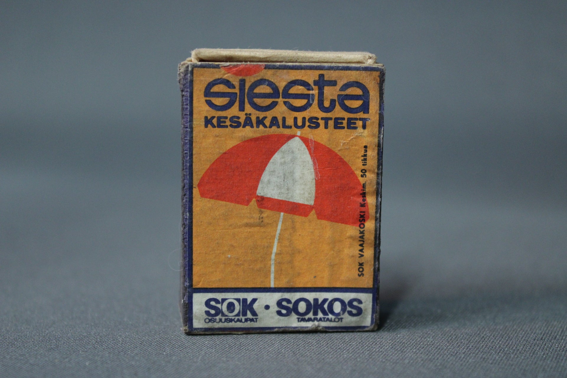 Siesta-kesäkalusteet tulitikkurasia, Sokos mainos