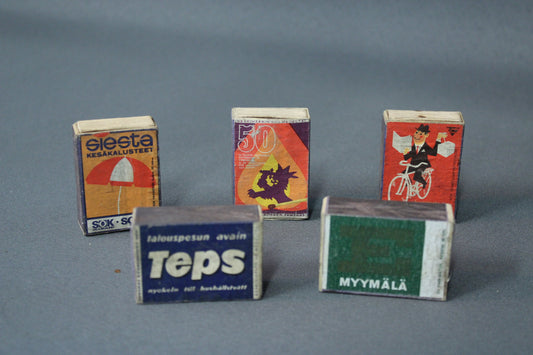 Vanhoja suomalaisia tulitikkuaskeja 5 kpl setti, 1960-luku