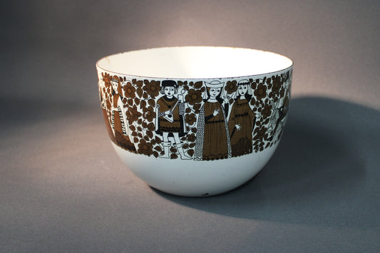 Finel emaloitu kulho, Ritari-kuvio, Raija Uosikkinen, ruskea koristelu, vintage-emalikulho