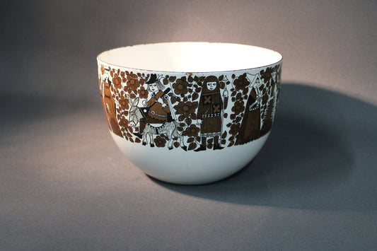 Finel Ritari emalikulho, ruskea kuvitus, Raija Uosikkinen, suomalainen emali