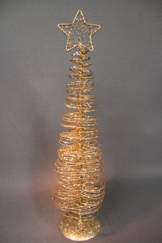 Kultainen metallinen koristekuusi spiraalirakenteella ja glitterillä, tähtikoriste latvassa