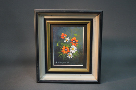 O. Hokkanen öljyvärimaalaus 1995, oranssi ja valkoinen kukkakimppu, vintage-kehys.