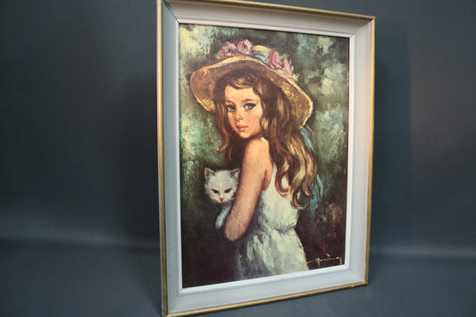 Öljyvärimaalaus tyttö ja kissa, vanhat puukehykset, vintage seinätaulu