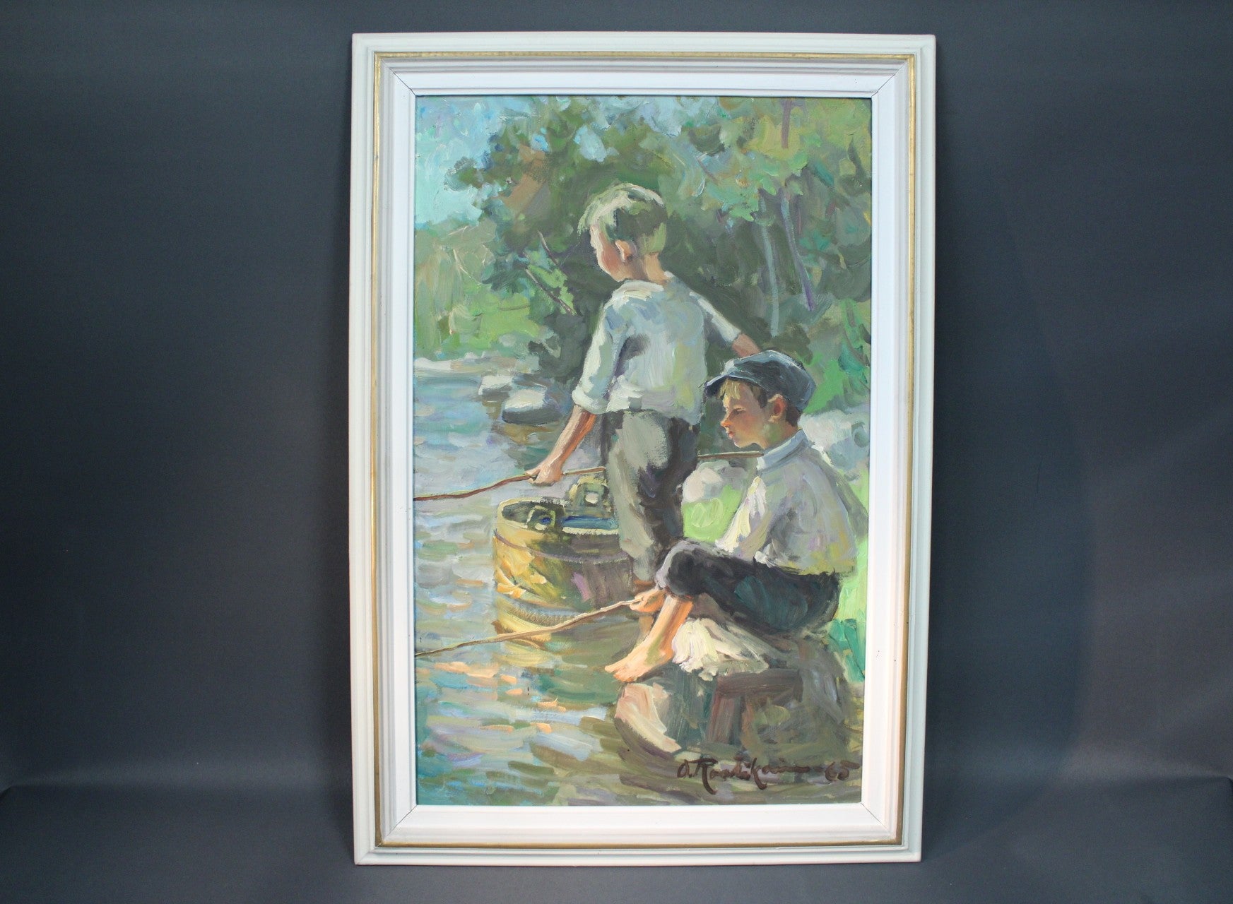 Orvo Raatikaisen Onkipojat-taulu, kehystetty öljymaalaus