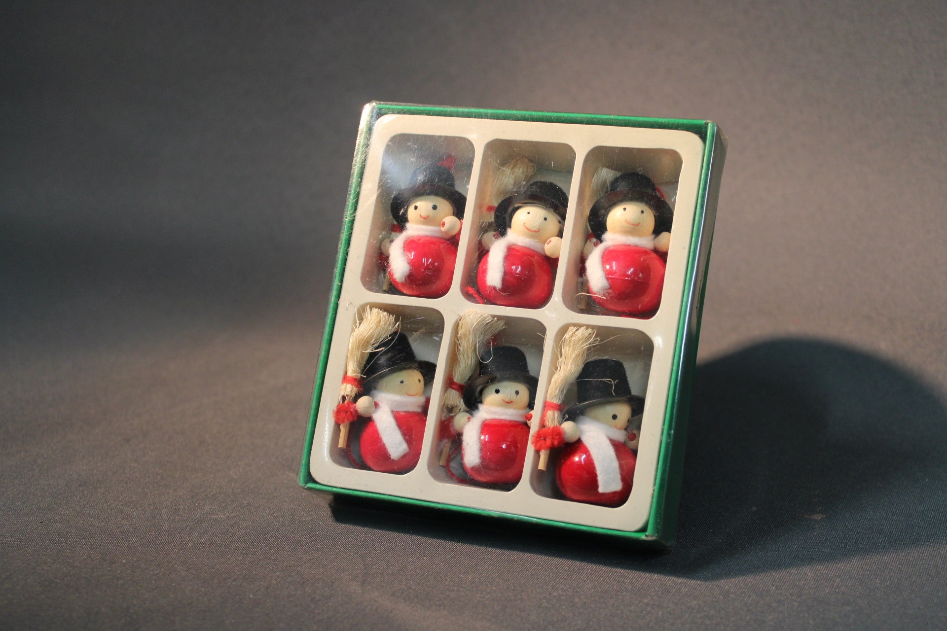 Puinen joulukuusenkoristesetti, 6 kpl, vintage, alkuperäinen rasia