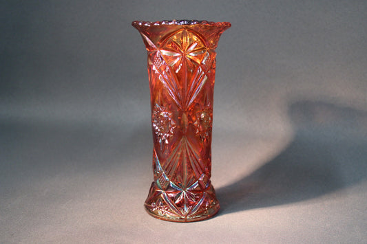 Riihimäen lasi lysterilasi maljakko, oranssi irisoitu pinta, vintage koristekuviointi.