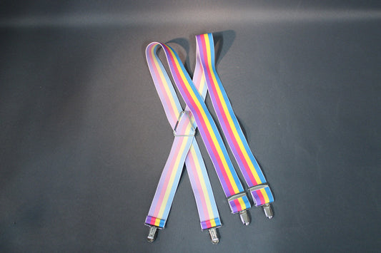 Vintage henkselit kirkkaissa 1980-luvun väreissä, värikäs raitakuosi