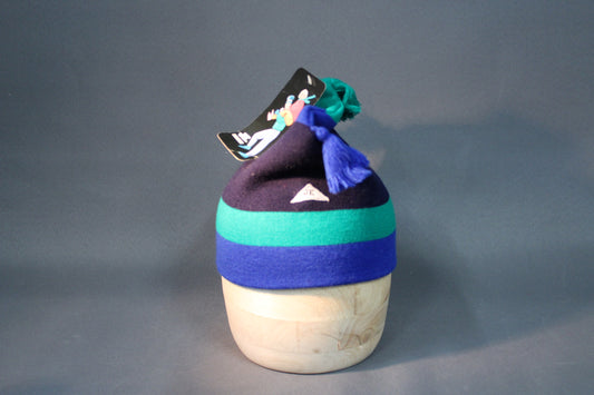 Vintage JE-Sport Oy tupsupipo 1980-luvulta, raidallinen sinivihreä pipo tupsuilla