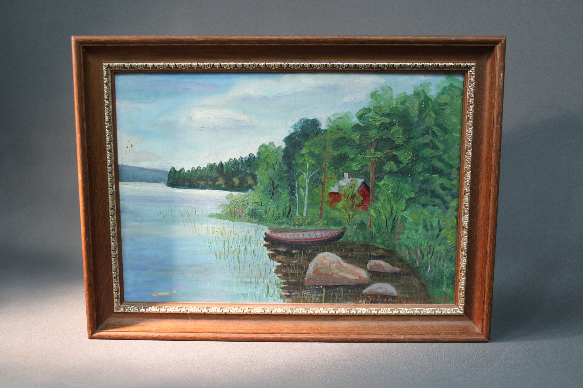 Y. Lindqvist öljymaalaus 1945, suomalainen järvimaisema ja vene, vintage-kehys